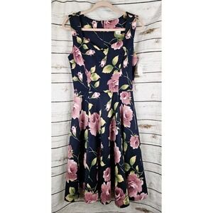 IXIA Dark Floral Fit & Flare Dress L NEW Sleeveless Sweetheart Retro Stretch